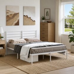 Sturdy White Metal Bed Frame 135x190 cm with Headboard