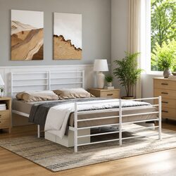 Durable White Metal Bed Frame 135x190 cm with Footboard