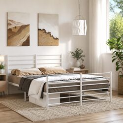 Sturdy White Steel Bed Frame 150x200 cm with Headboard