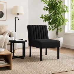 Black Velvet Upholstered Slipper Chair with Wooden Legs