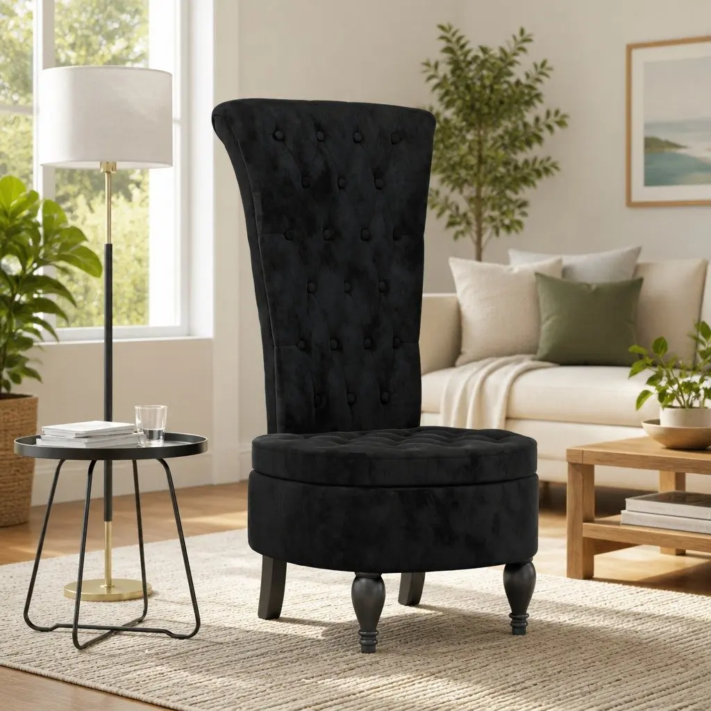 Black Velvet High Back Chair with Button Detail for Office or Living Room
