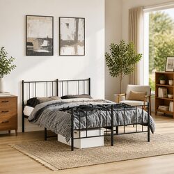 Sturdy Metal Bed Frame 135x190 cm with Footboard in Black