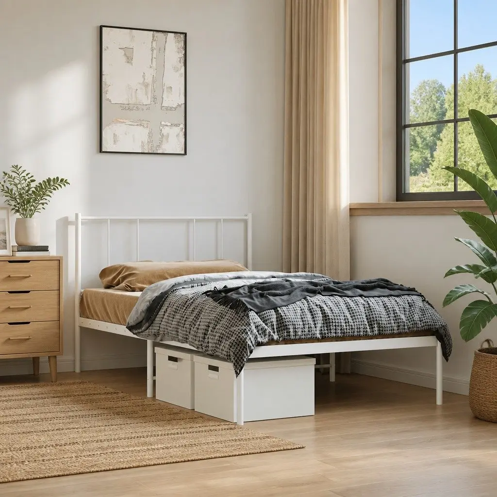 White Metal King Single Bed Frame with Headboard