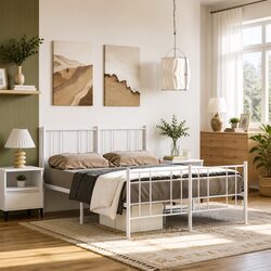 Sturdy White Metal Bed Frame with Footboard 135x190cm