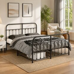 Durable Black Metal Bed Frame 135x190 cm with Footboard