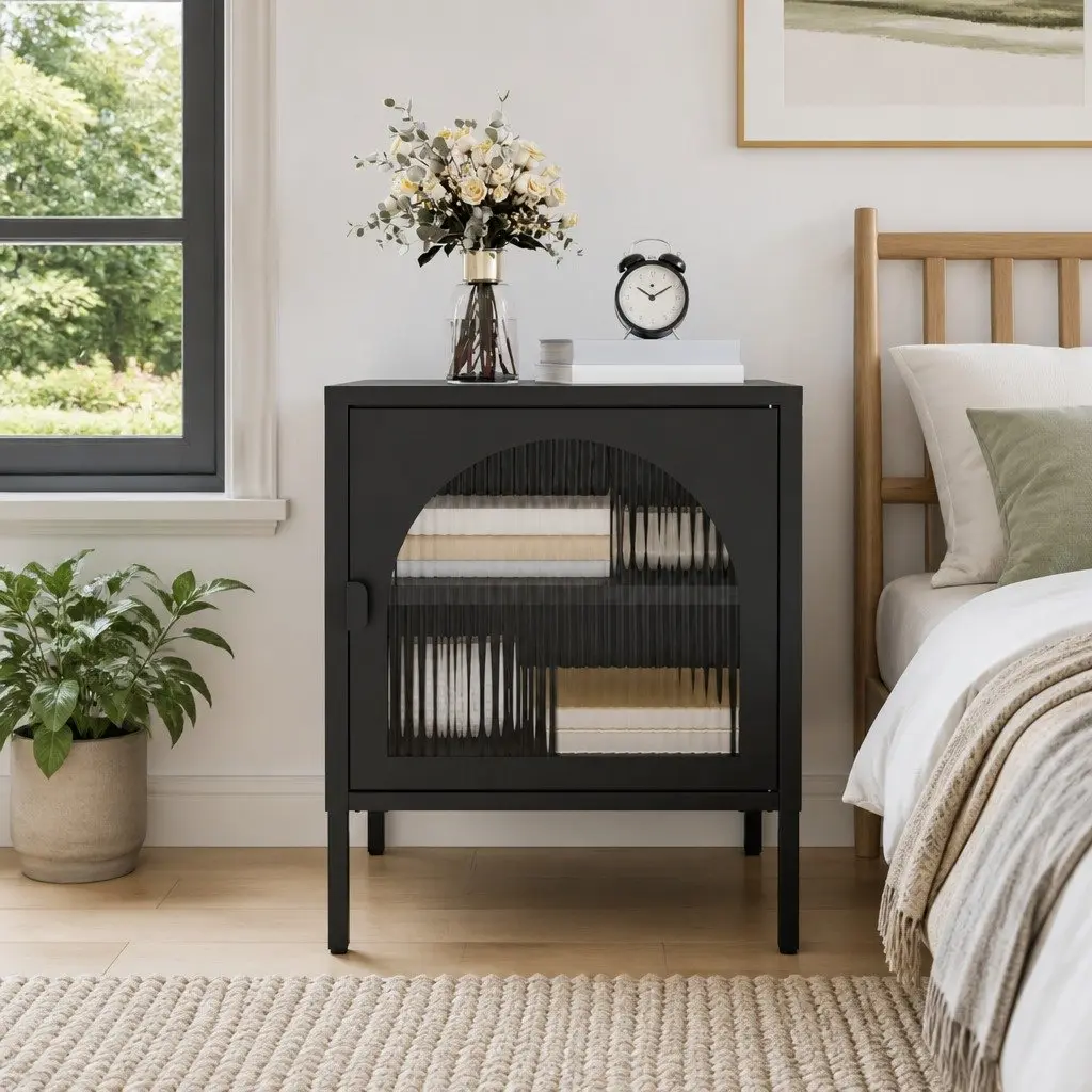 Bedside Table Powder-coated Steel Fluted Glass 50W x 35D x 60H cm Black