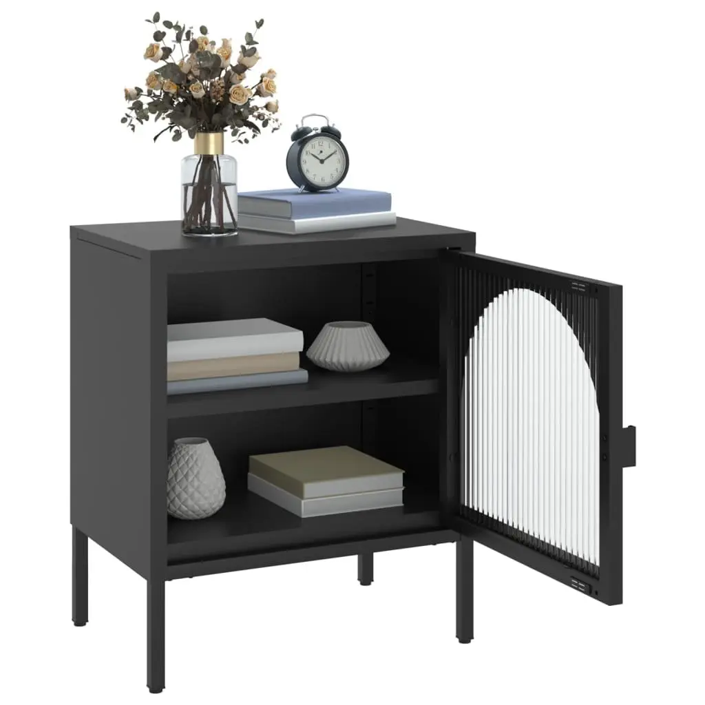 Bedside Table Powder-coated Steel Fluted Glass 50W x 35D x 60H cm Black