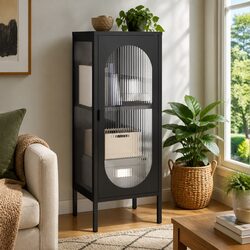 Modern Fluted Glass Steel Sideboard in Black