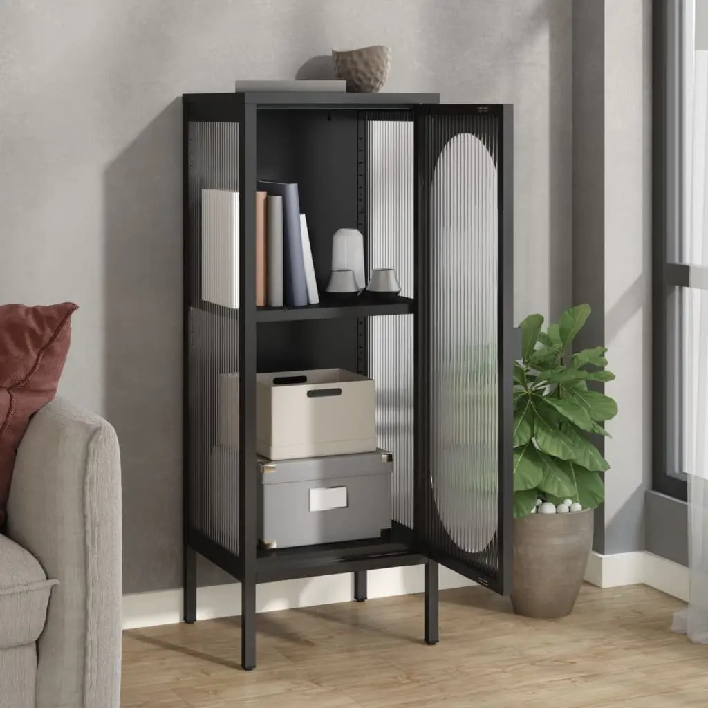 Sideboard Powder-coated Steel 40W x 35D x 105H cm Black Fluted Glass Panels Modern Home Storage Furniture