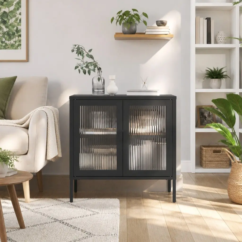 Sideboard Powder-coated Steel Fluted Glass 70x35x70cm Black