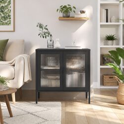Elegant Black Glass and Steel Sideboard Cabinet