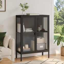 Elegant Black Glass Steel Sideboard with Adjustable Shelving