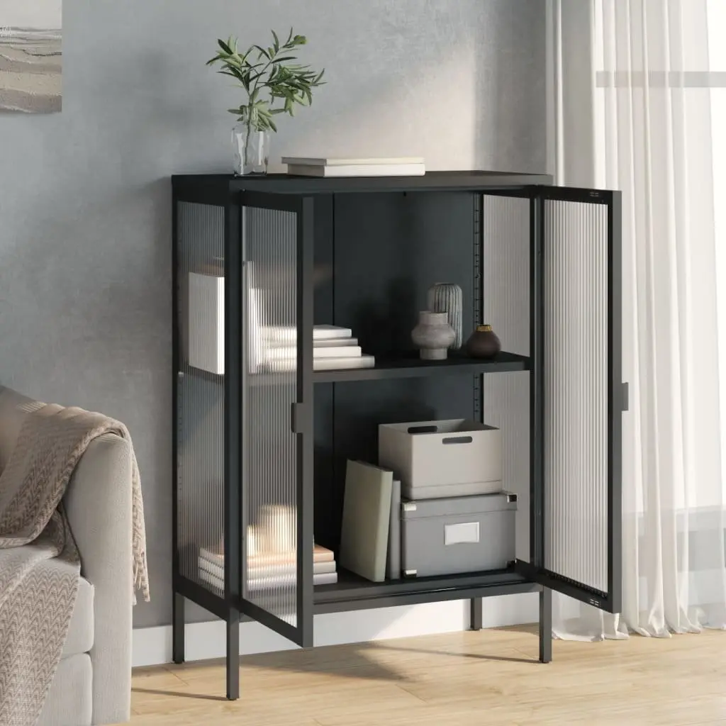 Black Glass Steel Sideboard with Adjustable Shelving