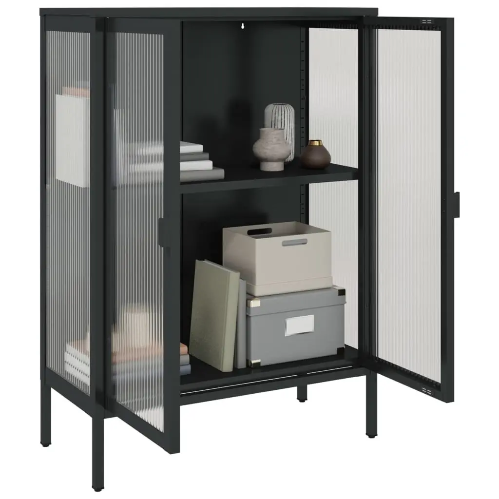 Black Glass Steel Sideboard with Adjustable Shelving