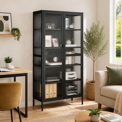 Highboard Storage Cabinet Black Fluted Glass Steel Frame Sideboard Cupboard