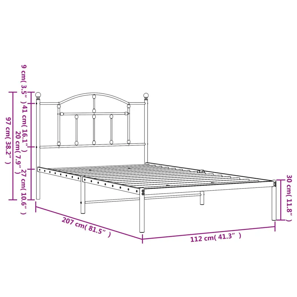 King Single Metal Bed Frame 107x203 cm with Headboard