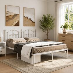 Sturdy White Metal Bed Frame 135x190 cm with Headboard