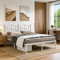 Sturdy White Metal Bed Frame 150x200 cm with Headboard