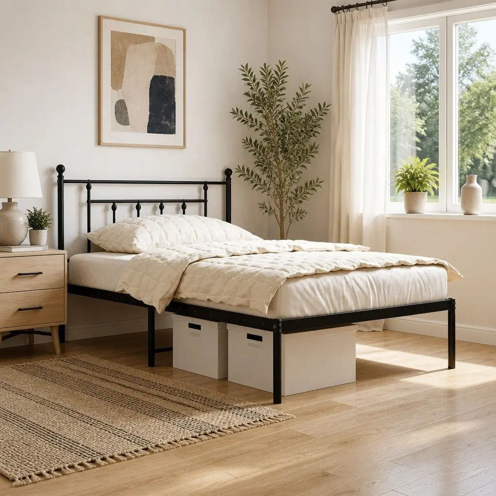 Black Metal Bed Frame with Headboard 107x203cm