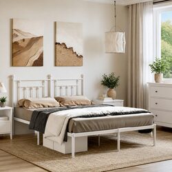 Sturdy White Metal Bed Frame with Headboard 150x200 cm