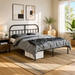 Durable Black Metal Bed Frame 150x200 cm with Headboard
