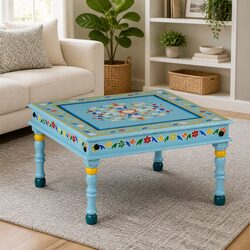 Coffee Table Turquoise Hand Painted Solid Wood Accent Mango Living Room