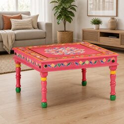 Pink Hand-Painted Mango Wood Coffee Table for Living Rooms