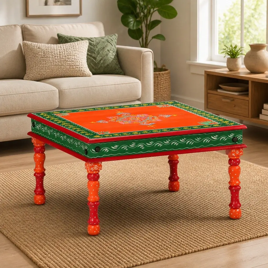 Hand Painted Orange Coffee Table in Solid Mango Wood