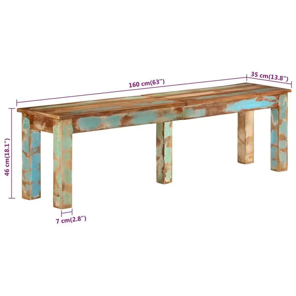 Solid Reclaimed Wood Bench 160x35x46cm for Indoor Use