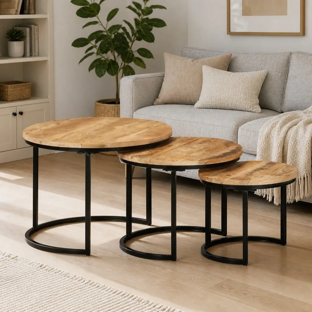 3-Piece Nesting Tables Made of Solid Mango Wood