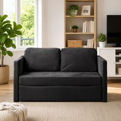 Floor Sofa Bed 2-in-1 Convertible Loveseat Double Bed Black Velvet Folding