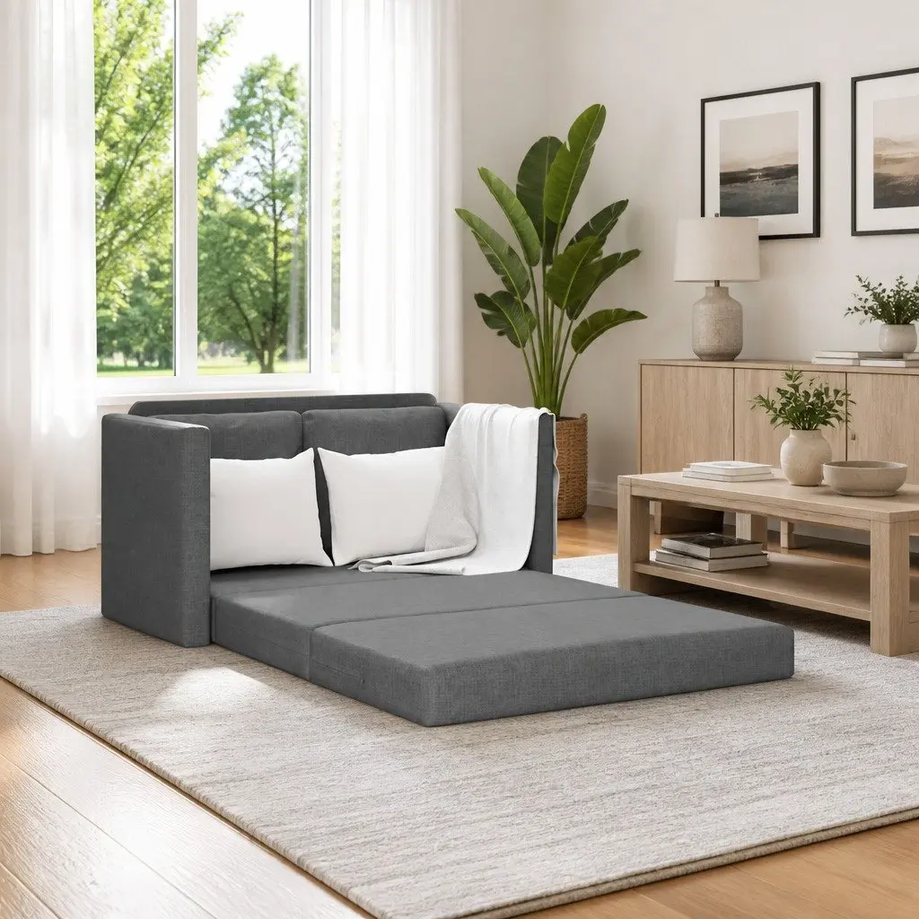 Grey Floor Sofa Bed 2-in-1 Convertible Sleeper Loveseat