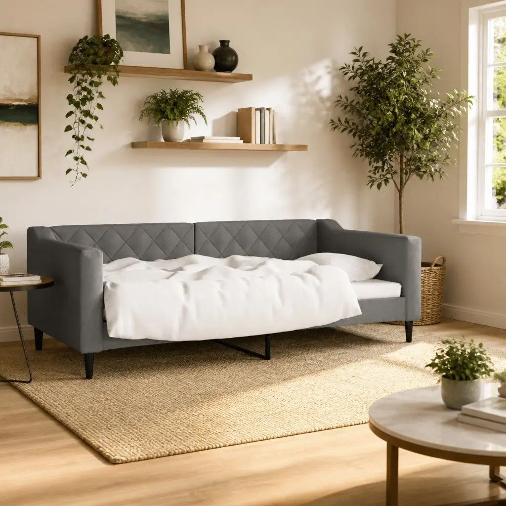 Grey Fabric Day Bed Sofa Bed 90x190cm with Slatted Base