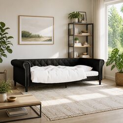 High-Quality Black Faux Leather Day Bed Sofa 90x190 cm