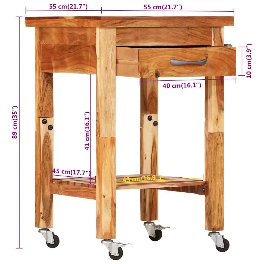 Solid Wood Acacia Kitchen Trolley 55x55x89cm with Drawers