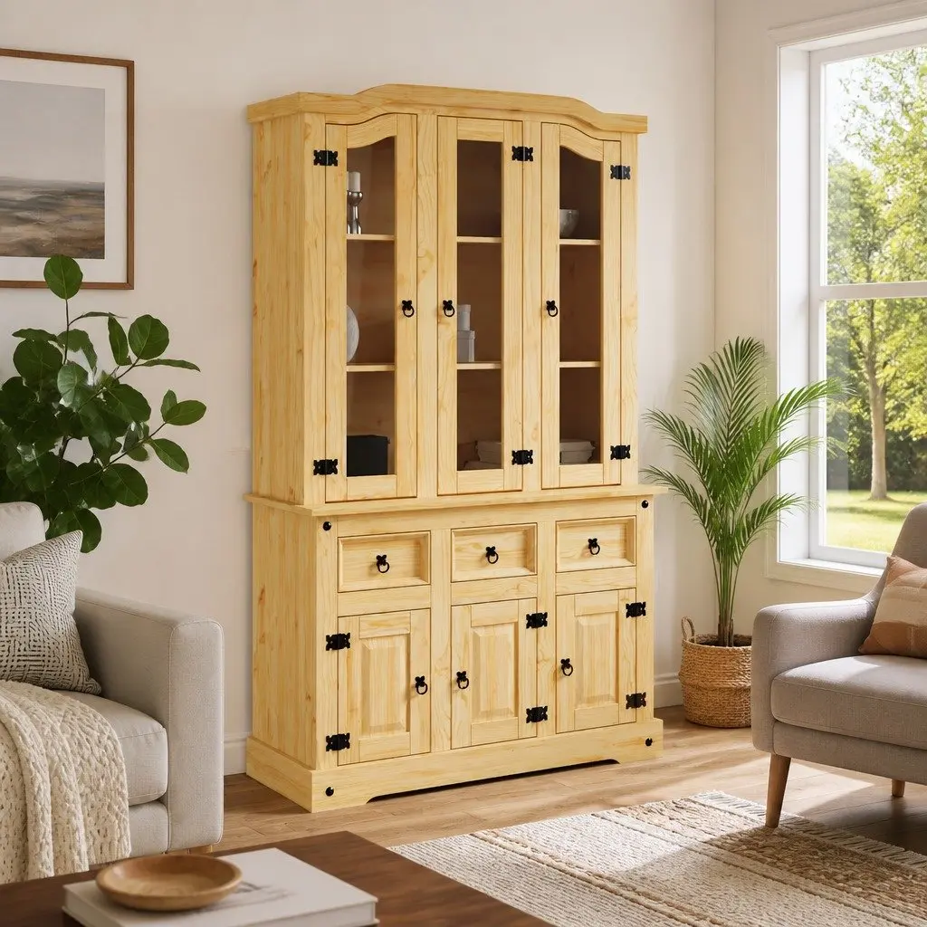 Brown Solid Pine Wood Highboard Storage Cabinet