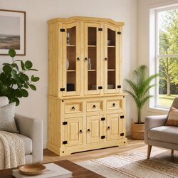 Elegant Brown Solid Pine Wood Highboard Storage Cabinet