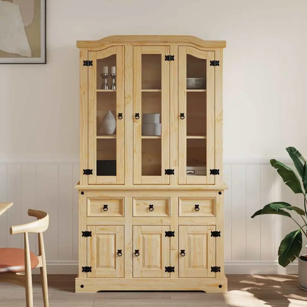 Brown Solid Pine Wood Highboard Storage Cabinet