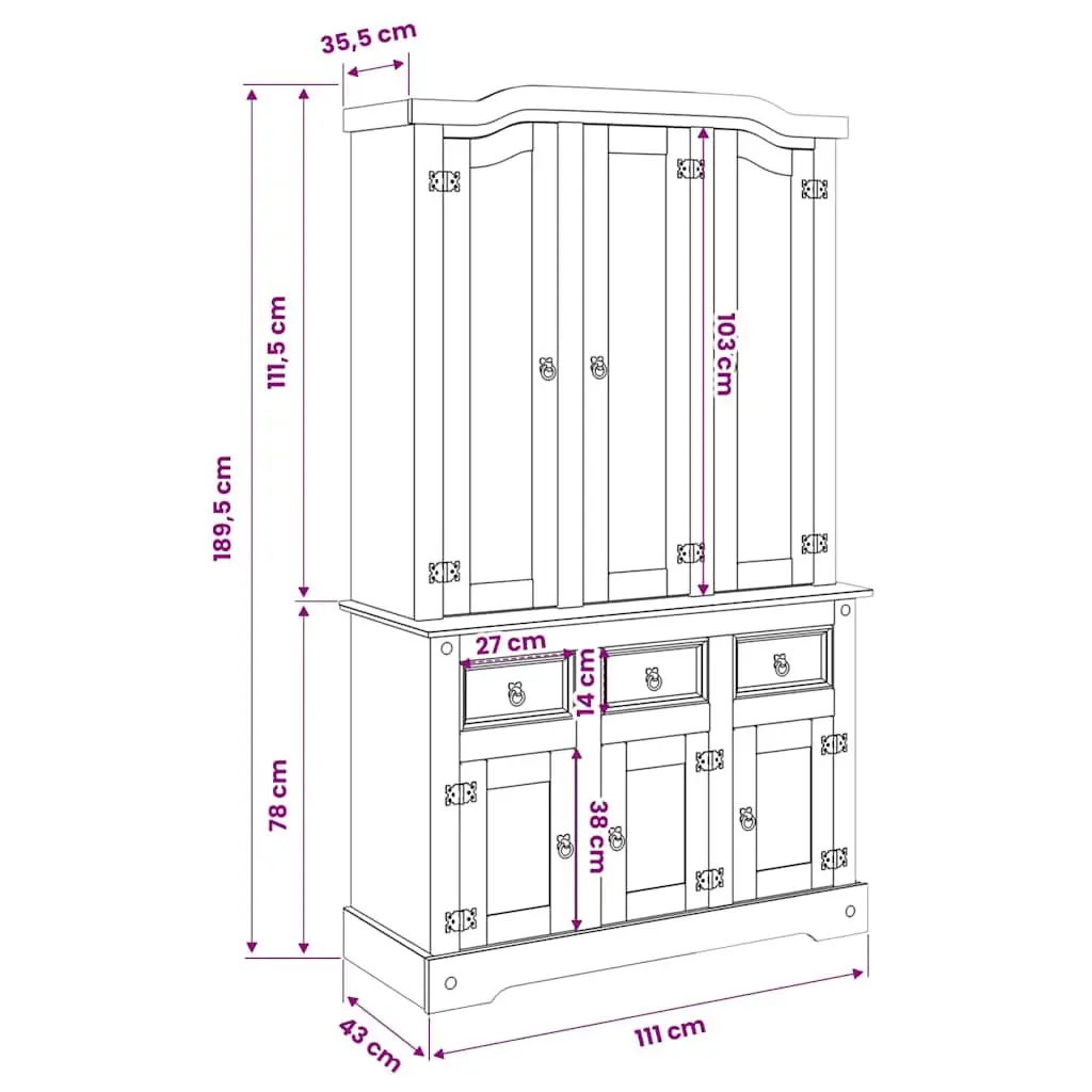 Brown Solid Pine Wood Highboard Storage Cabinet