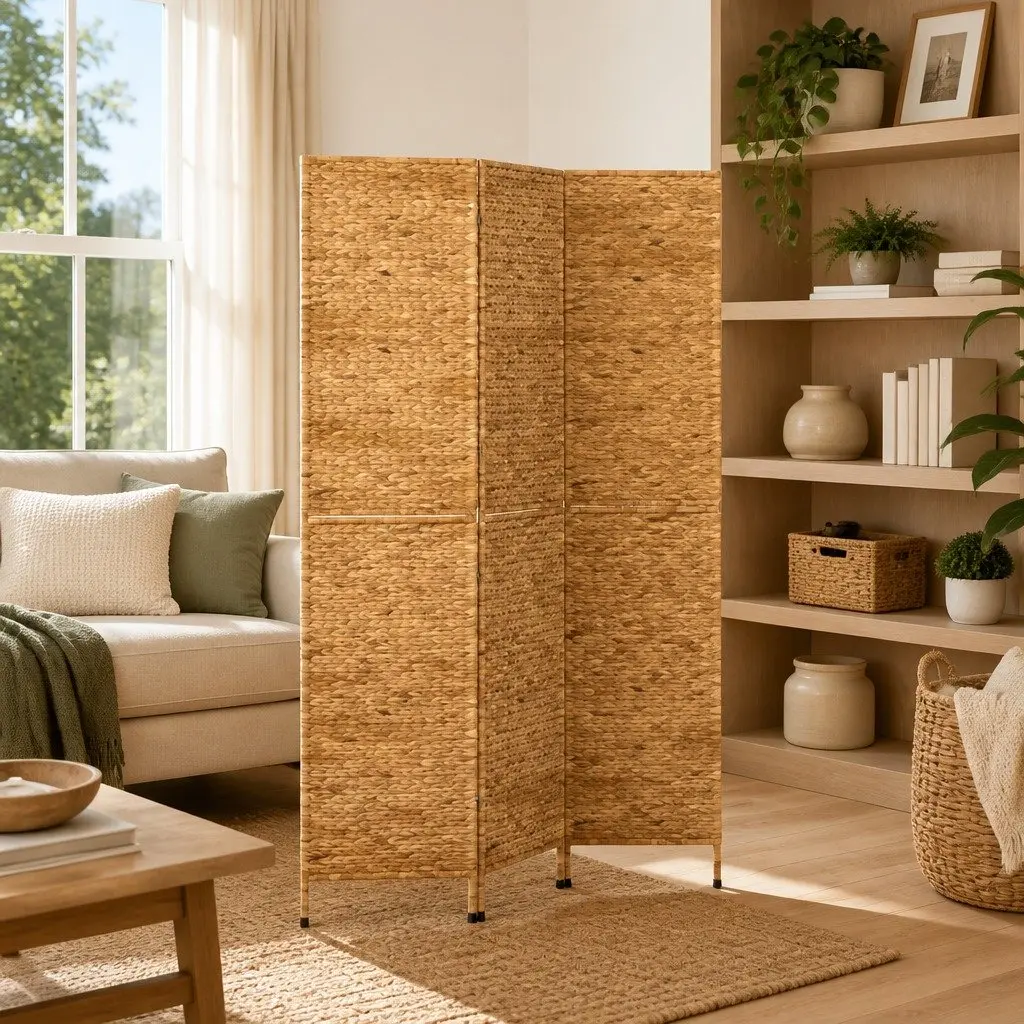 Brown 3-Panel Folding Screen Room Divider with Metal Frame