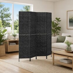 Sturdy 4-Panel Black Room Divider Screen in Water Hyacinth