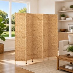 Durable 5-Panel Room Divider with Water Hyacinth Design
