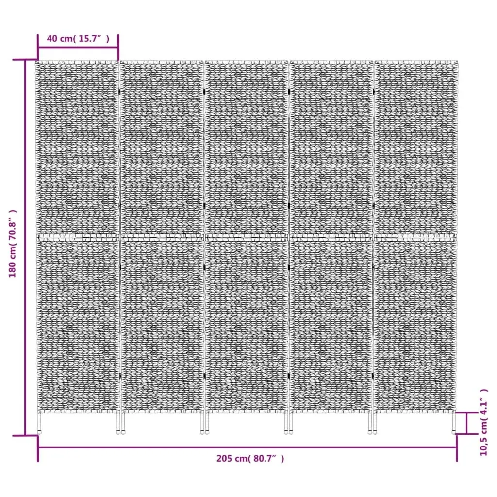 Room Divider 5-Panel Black Privacy Screen Folding Partition Water Hyacinth Woven
