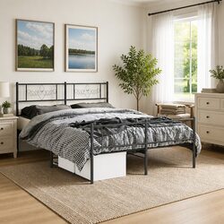 Durable Black Metal Bed Frame 135x190 cm with Footboard
