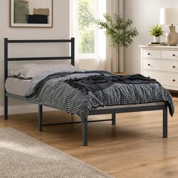 Sturdy Metal Bed Frame with Headboard, Black 90x190 cm
