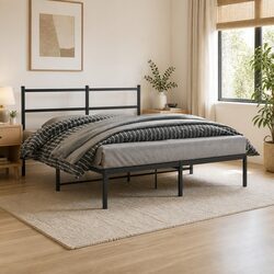 Sturdy Black Metal Bed Frame 150x200 cm with Headboard