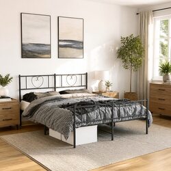 Sturdy Black Metal Bed Frame 135x190 cm with Footboard
