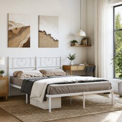 Sturdy White Metal Bed Frame with Headboard 150x200 cm