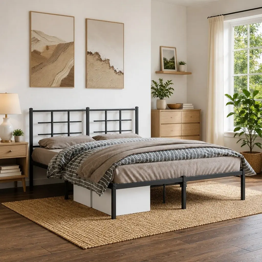 Black Metal Bed Frame with Headboard 150x200 cm