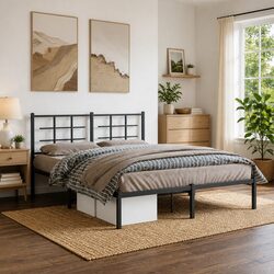 Durable Black Metal Bed Frame with Headboard 150x200 cm